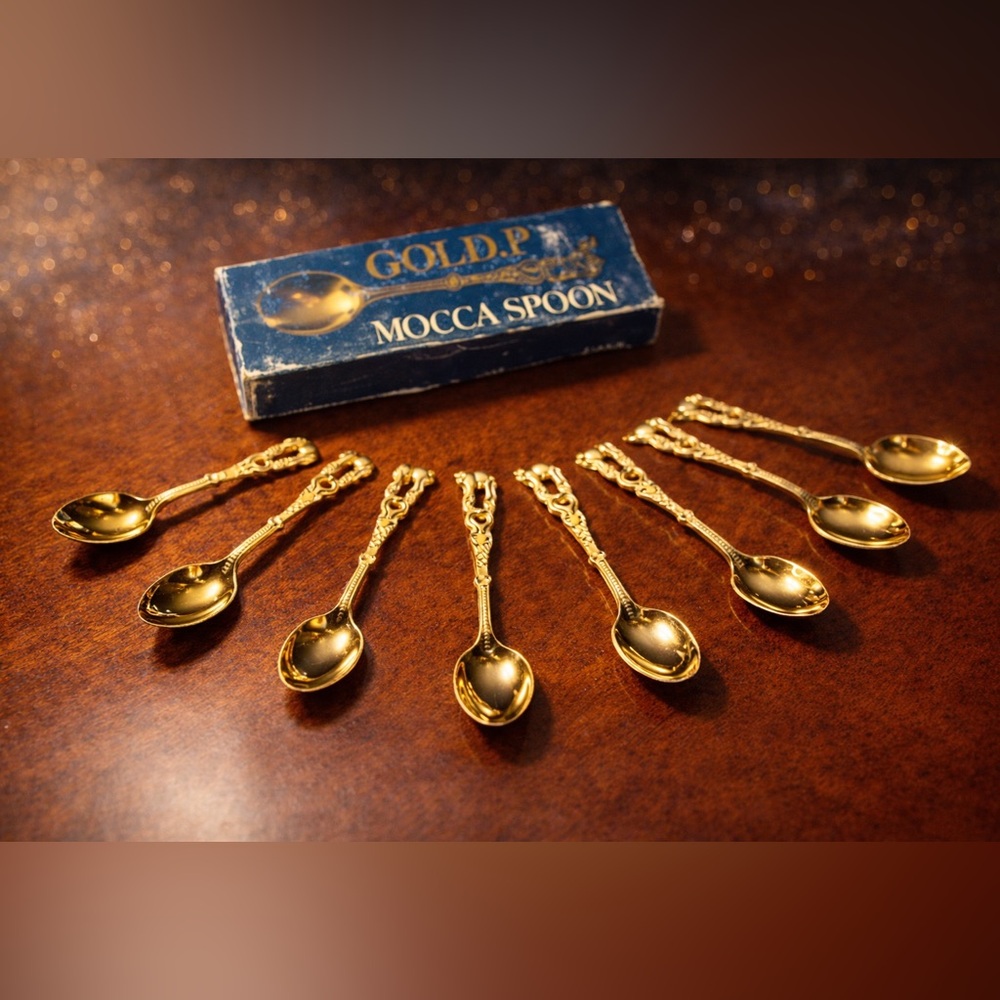 Set of 12 Vintage Gold.P (Gold Plated) Mocca Spoons with Original Box-🐪